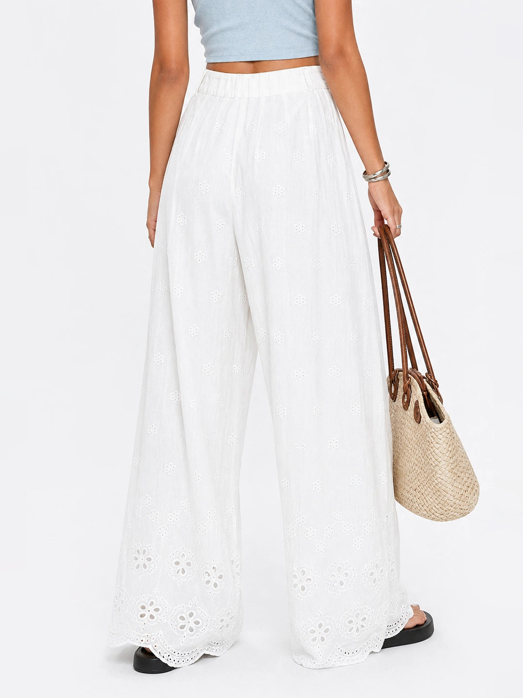 Scalloped Eyelet Cotton Wide-Leg Pants