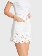Scalloped Eyelet High-Waisted Denim Shorts