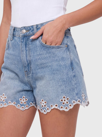 Crochet Embroidered A-Line Denim Shorts
