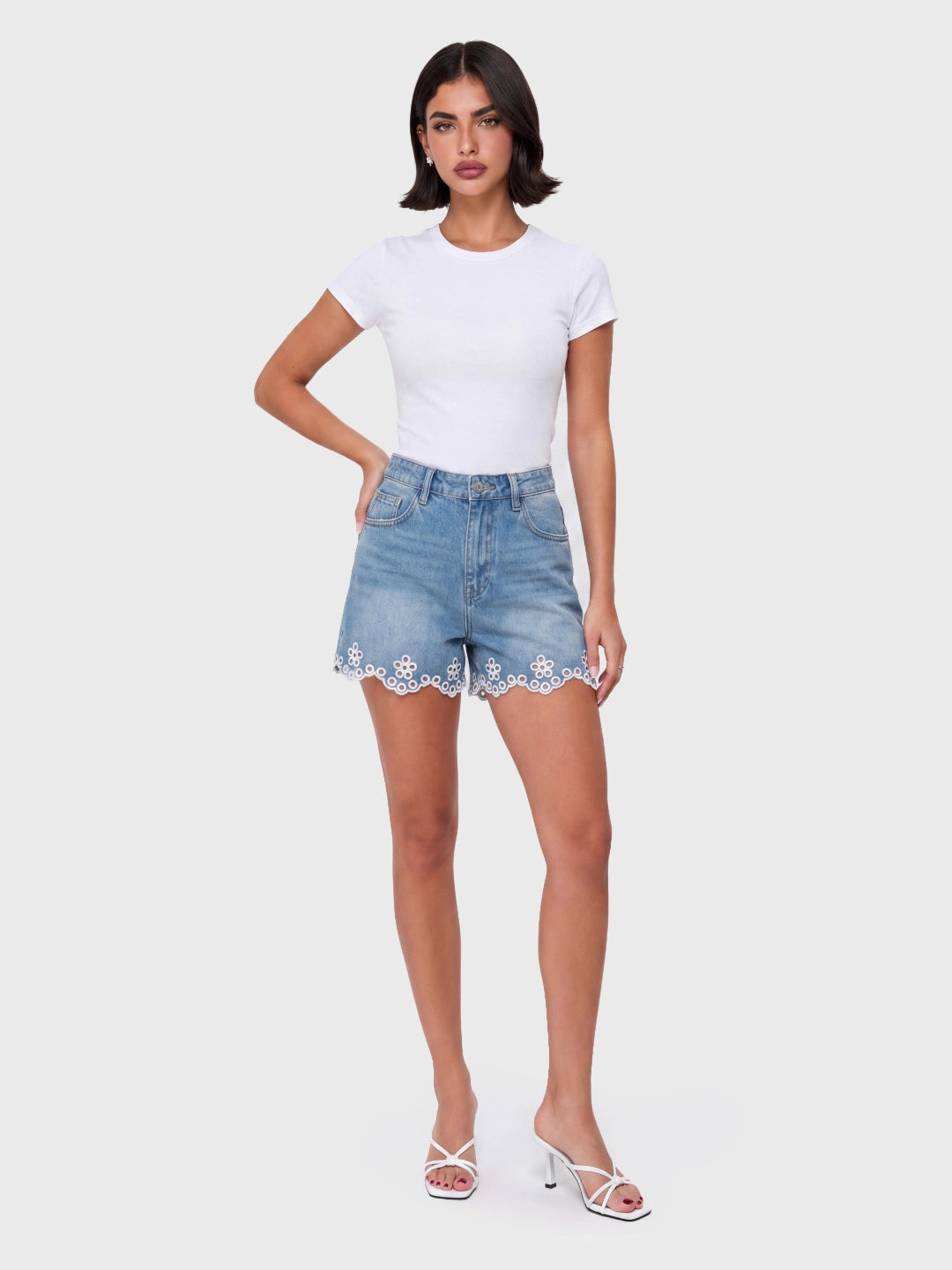 Crochet Embroidered A-Line Denim Shorts