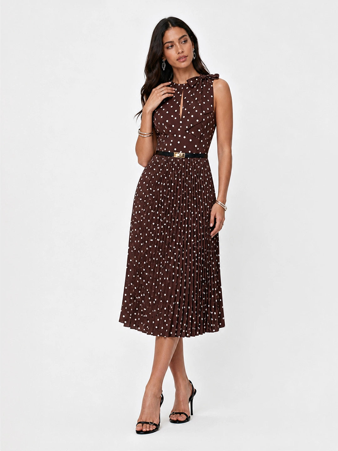 Scarf Neck Polka Dot Pleated Dress Secondary image