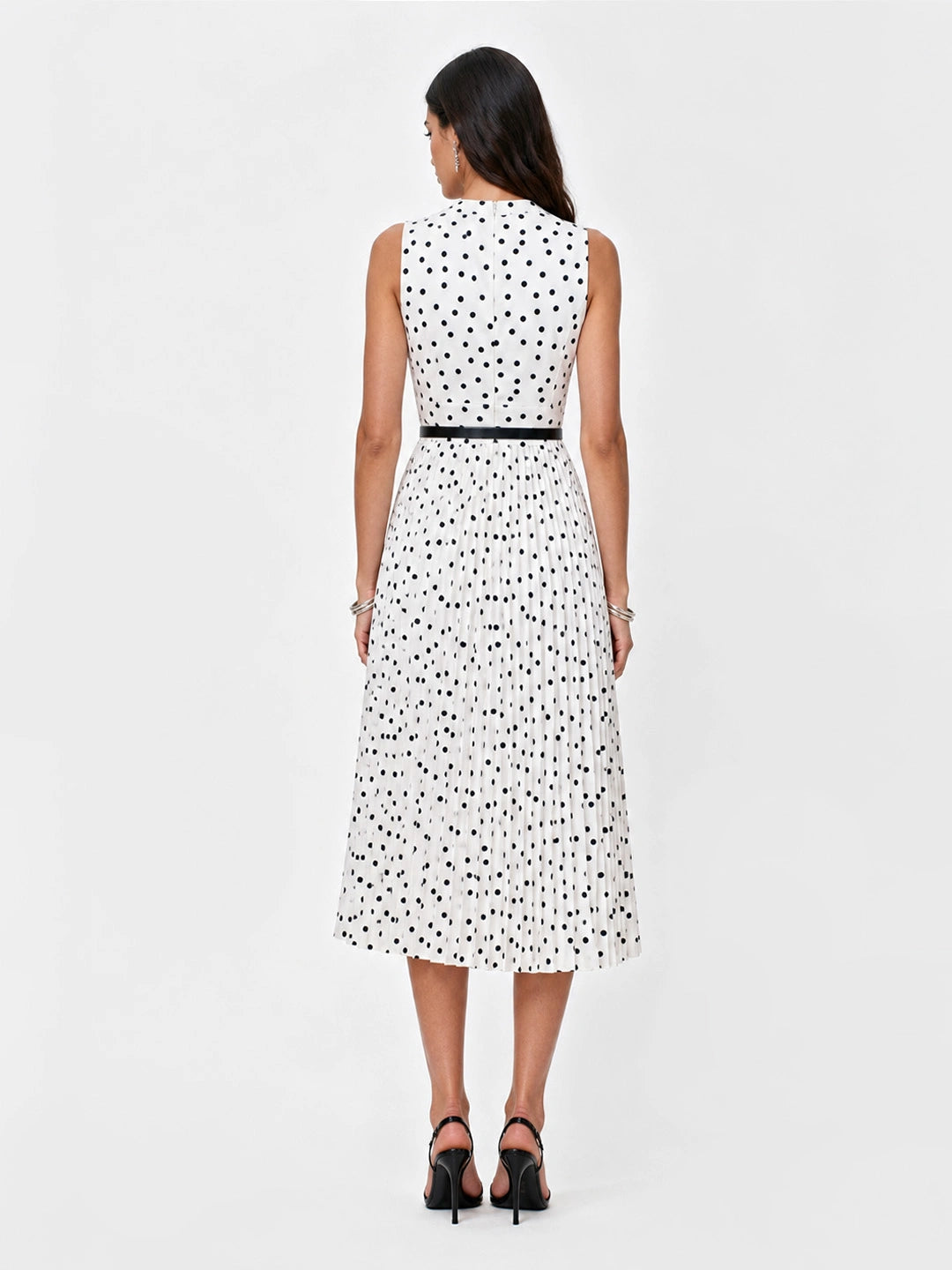 Scarf Neck Polka Dot Pleated Dress