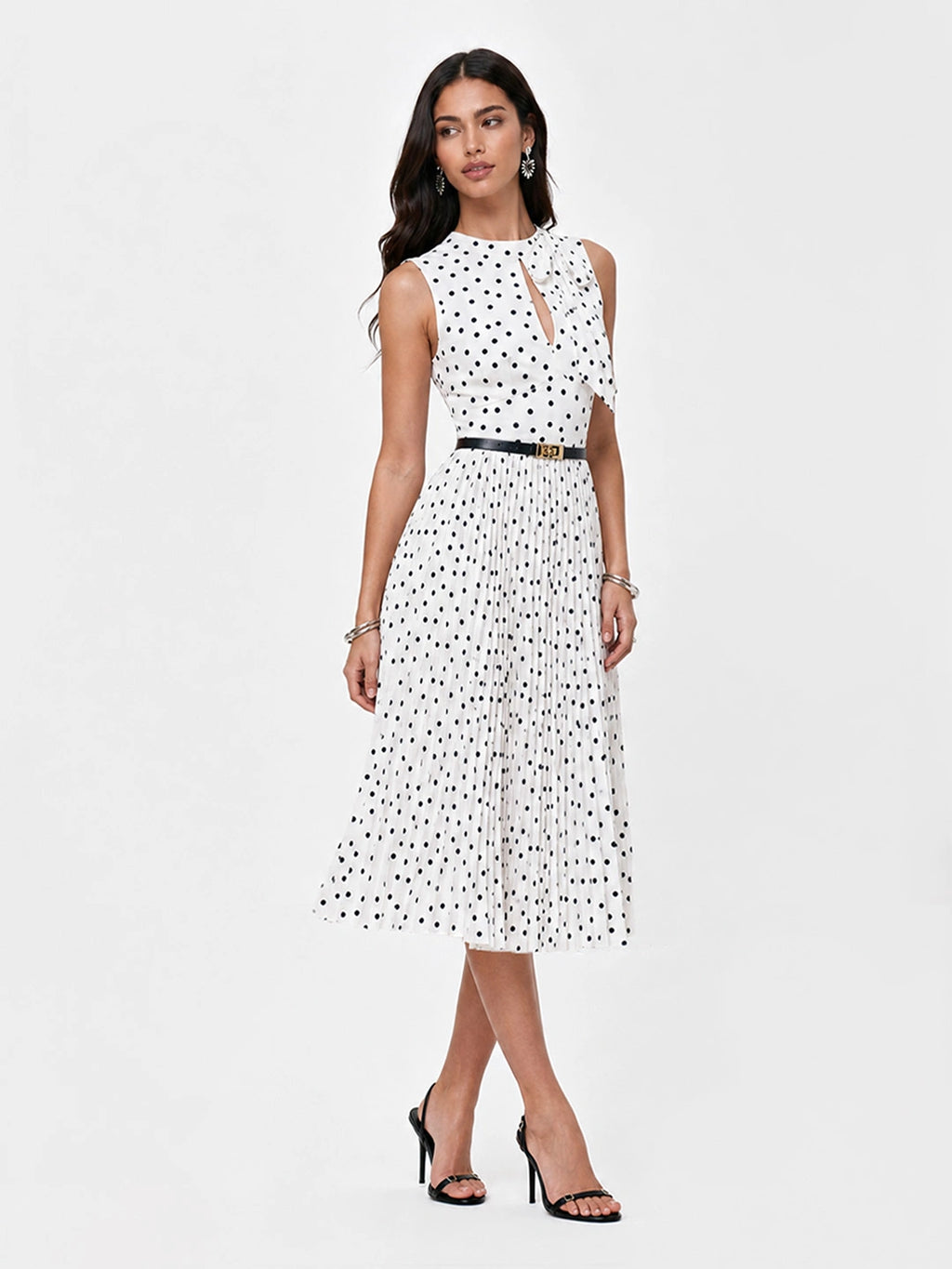 Scarf Neck Polka Dot Pleated Dress