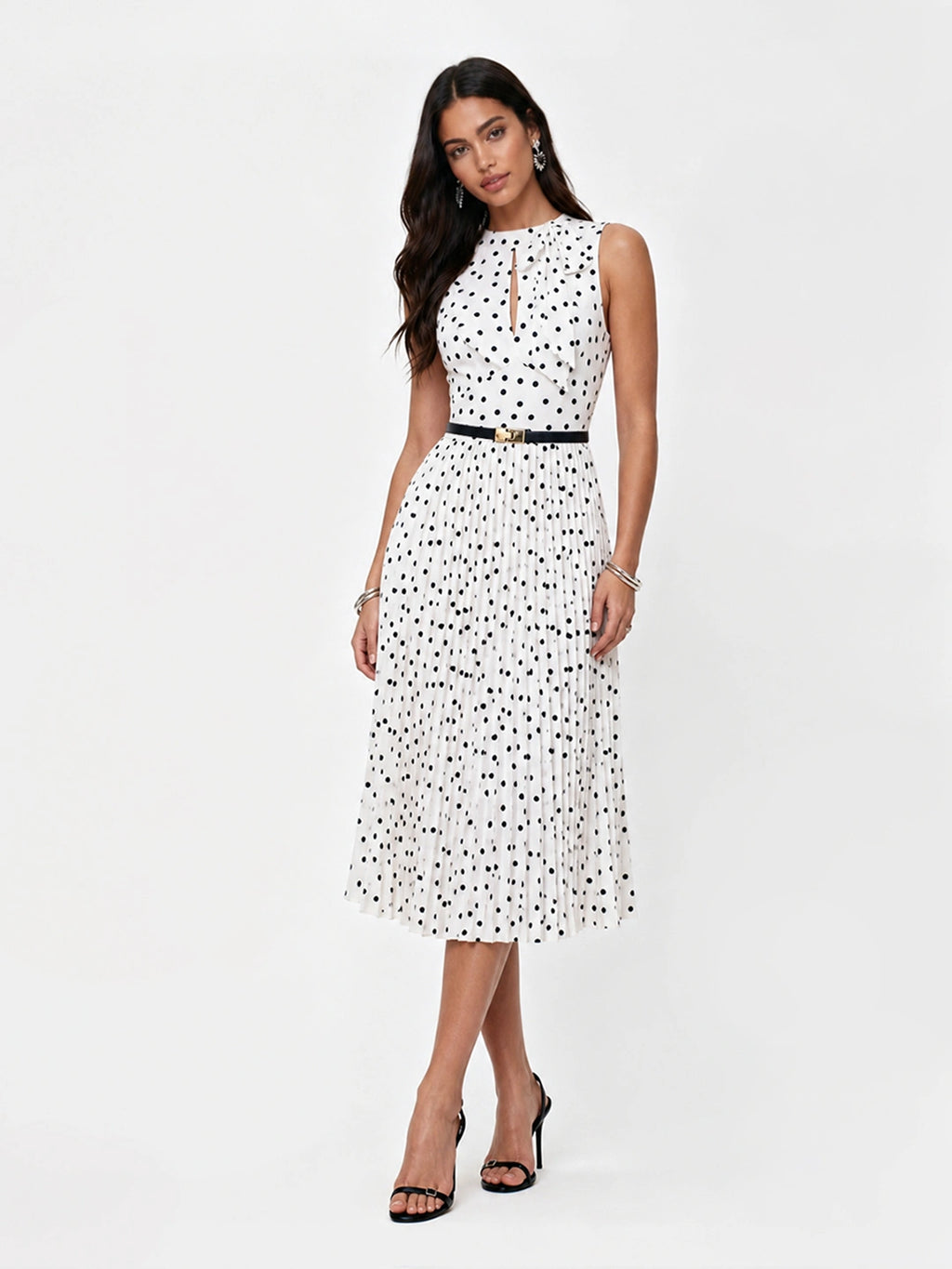 Scarf Neck Polka Dot Pleated Dress