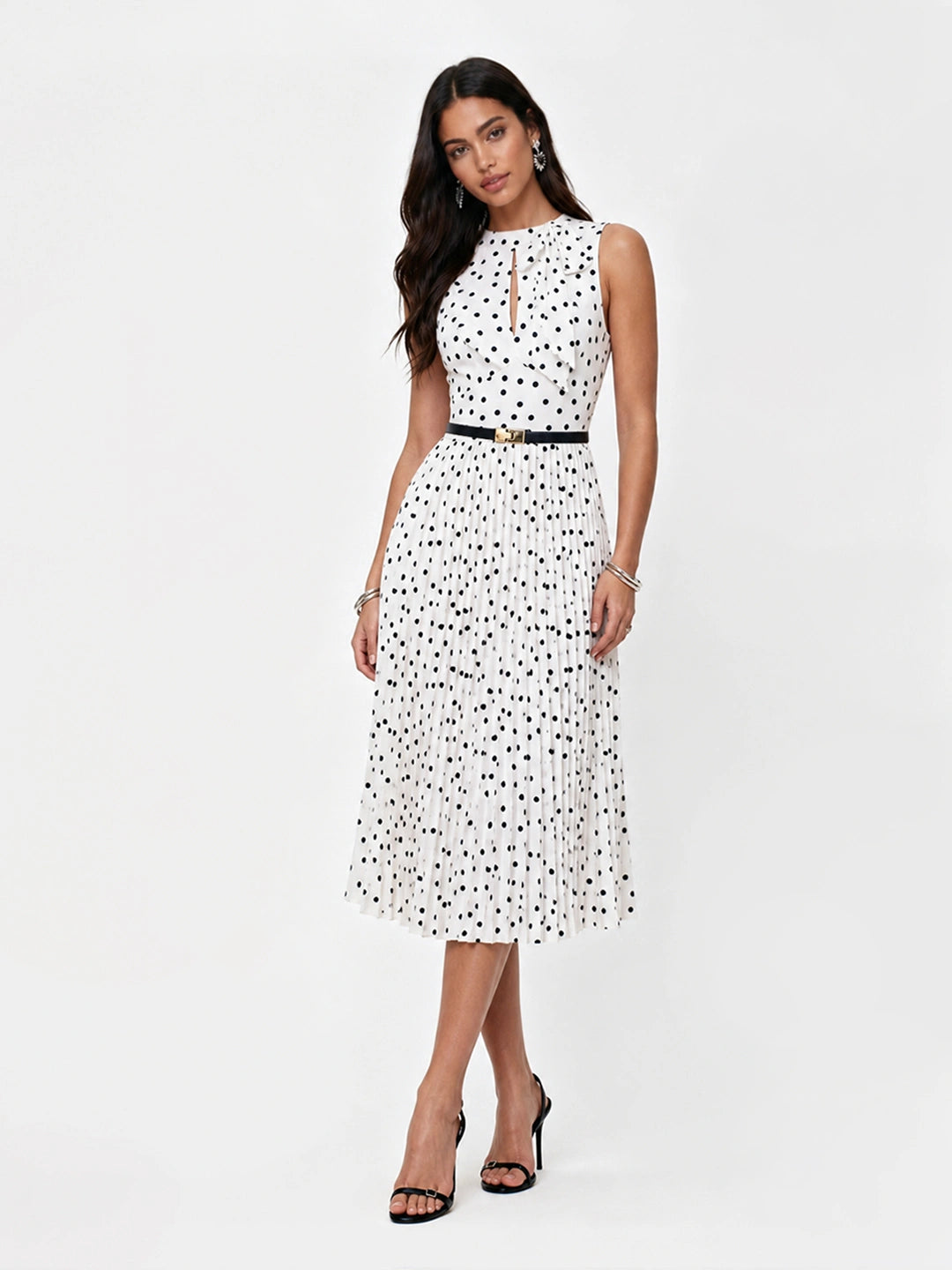 Scarf Neck Polka Dot Pleated Dress Main image