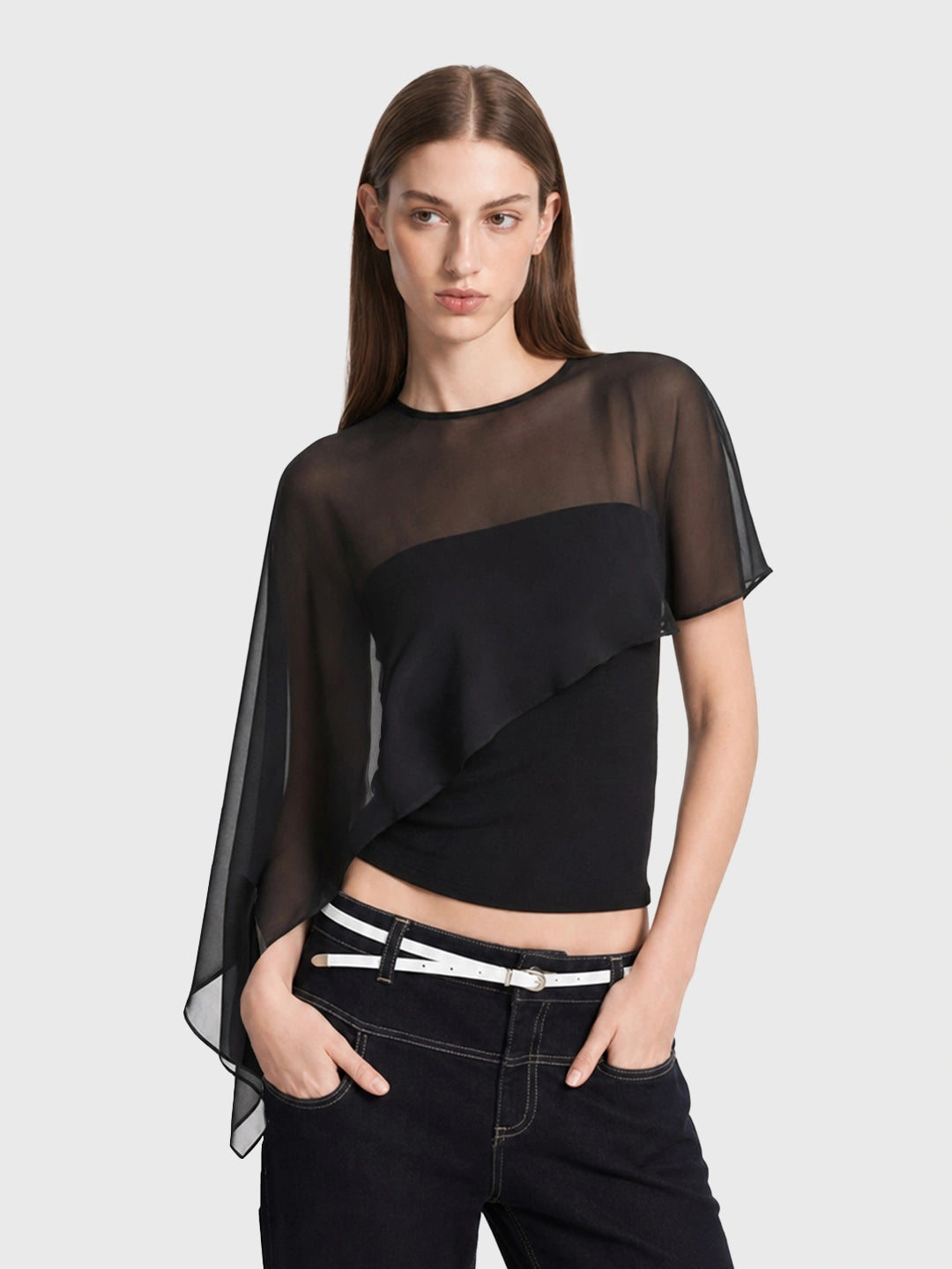 Sheer Mesh Asymmetric Cape Tank Top Secondary image