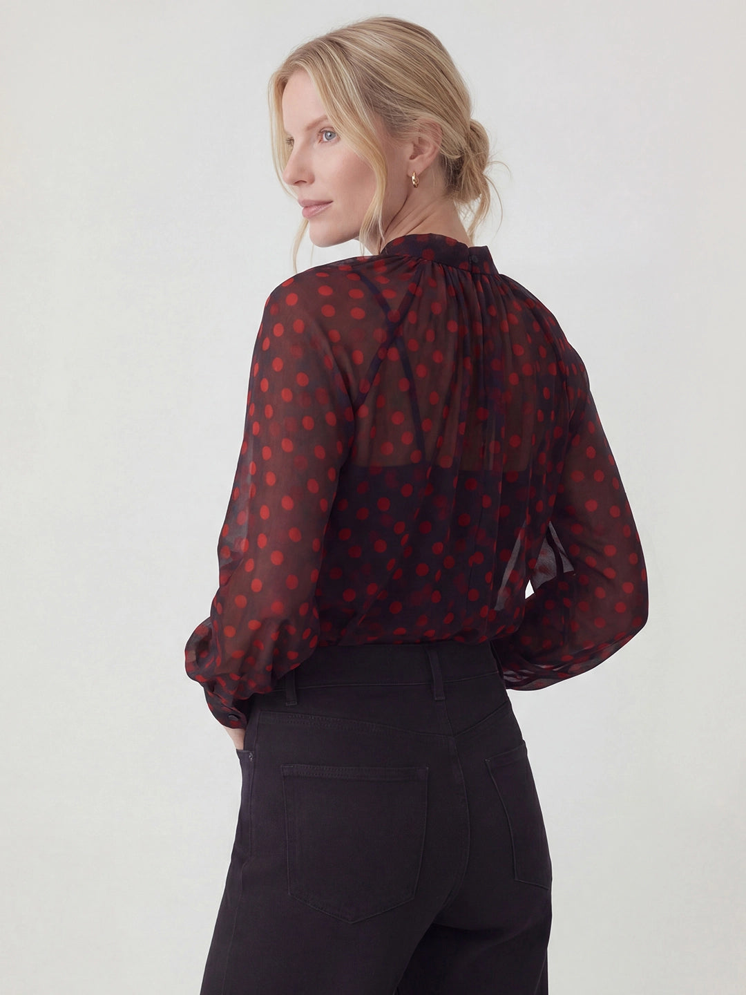 Sheer Polka Dot Ruched Chiffon Blouse