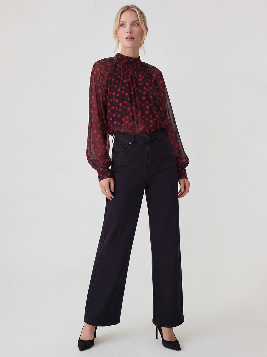 Sheer Polka Dot Ruched Chiffon Blouse