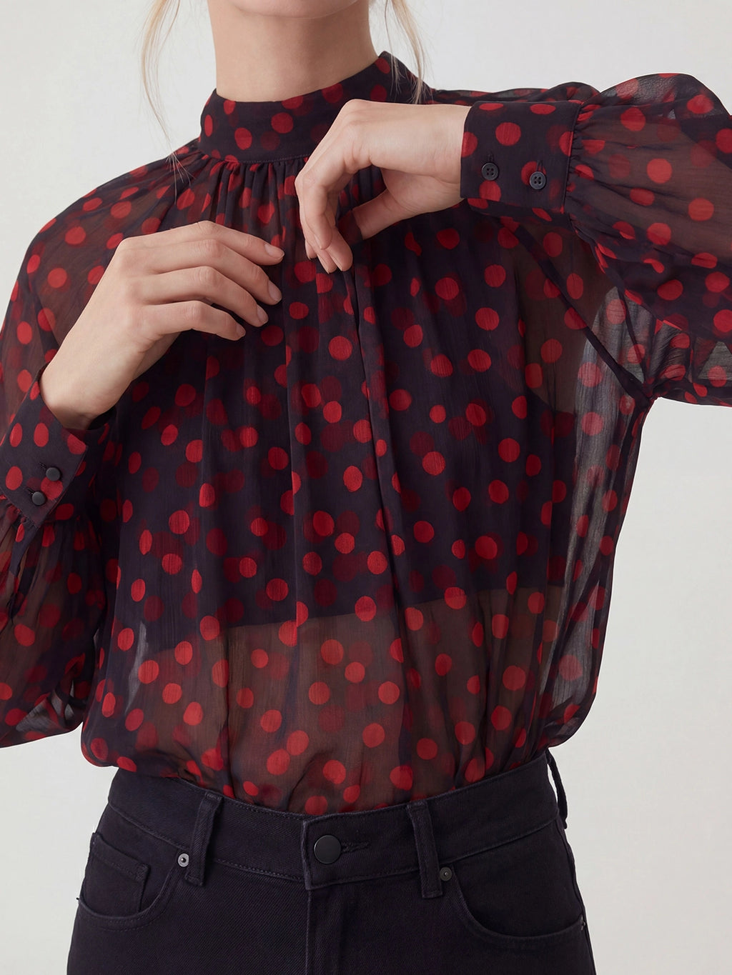Sheer Polka Dot Ruched Chiffon Blouse