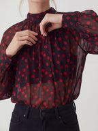 Sheer Polka Dot Ruched Chiffon Blouse