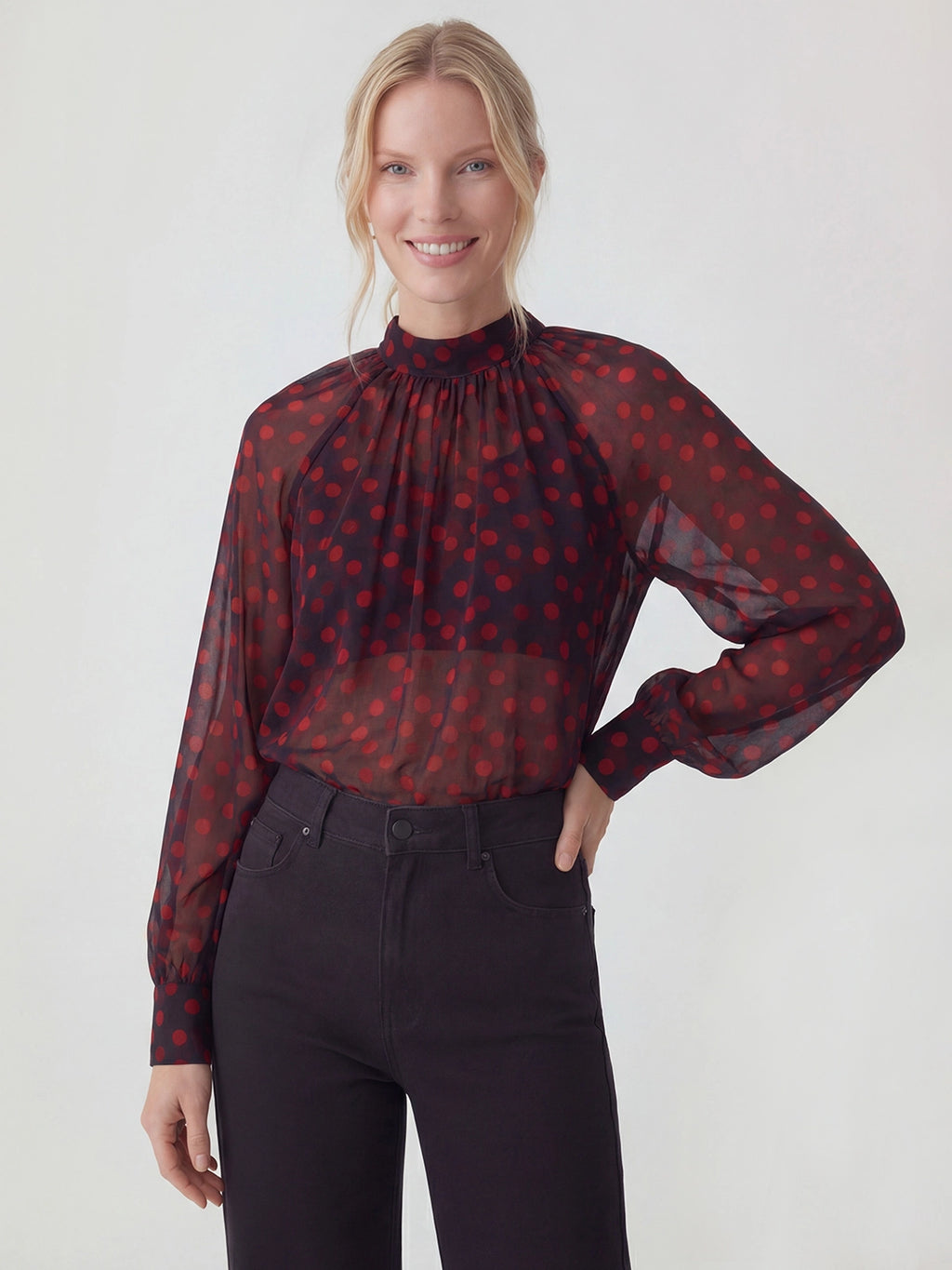 Sheer Polka Dot Ruched Chiffon Blouse
