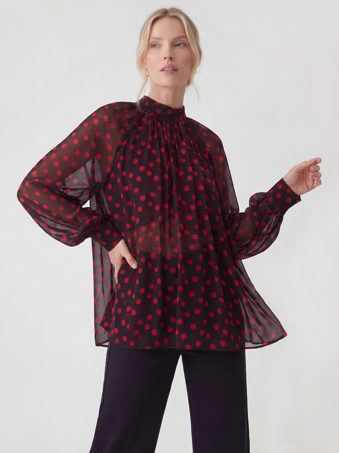 Sheer Polka Dot Ruched Chiffon Blouse