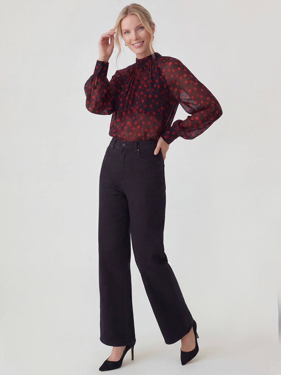 Sheer Polka Dot Ruched Chiffon Blouse