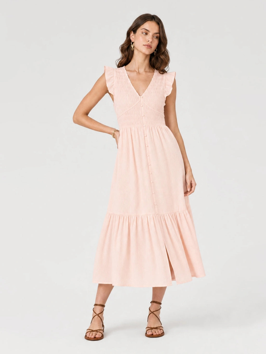 Smocked V-Neck Tiered Midi Dress