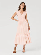 Smocked V-Neck Tiered Midi Dress
