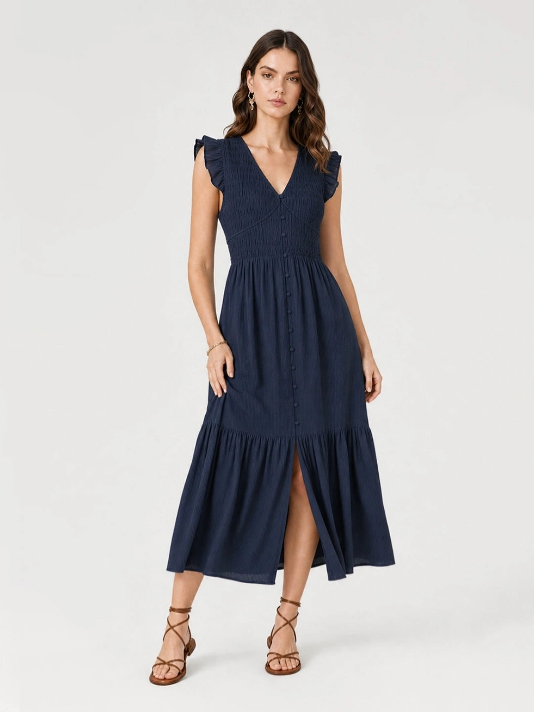 Smocked V-Neck Tiered Midi Dress