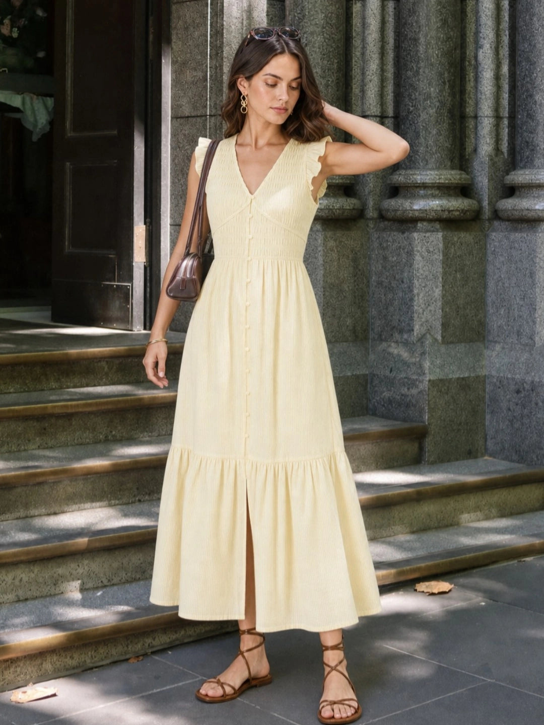 Smocked V-Neck Tiered Midi Dress Secondary image