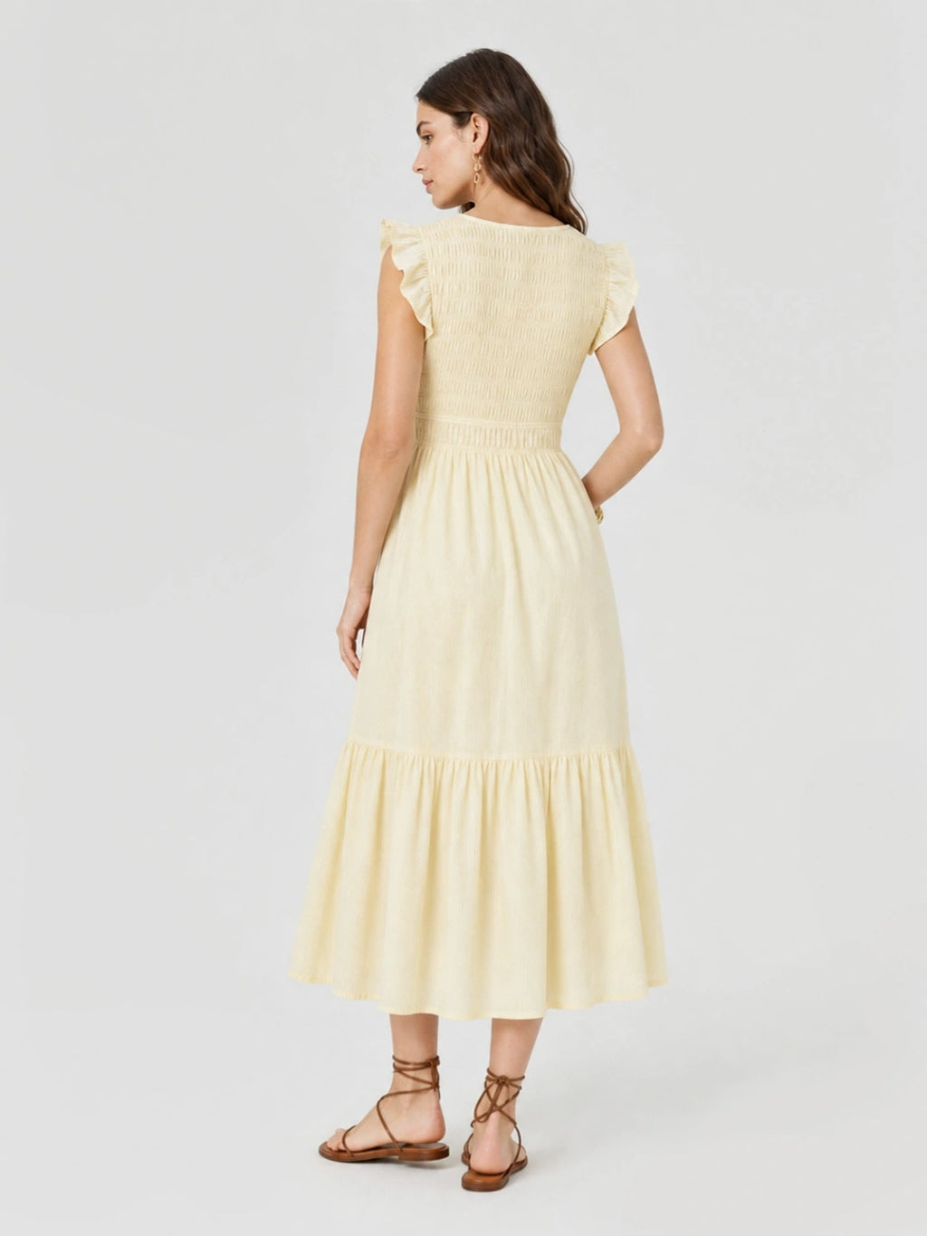 Smocked V-Neck Tiered Midi Dress