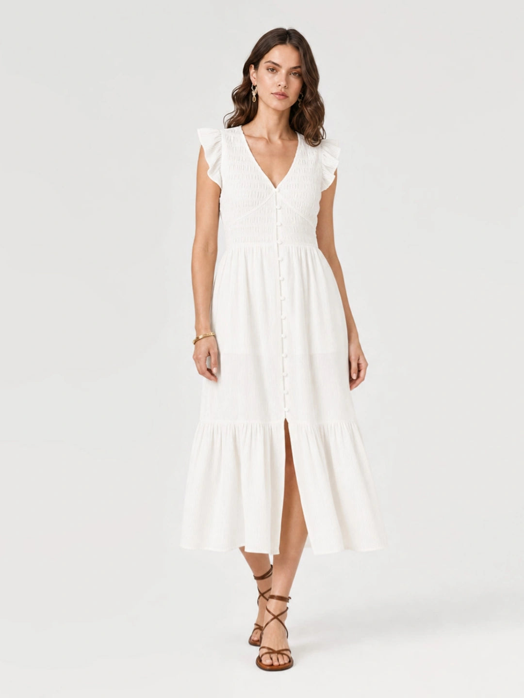 Smocked V-Neck Tiered Midi Dress