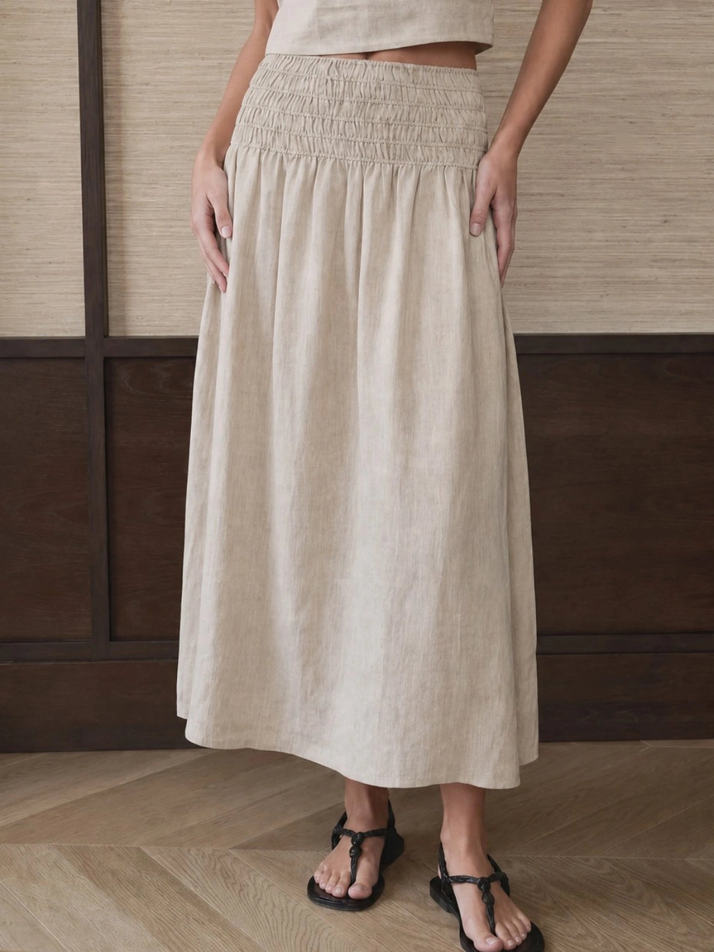 Smocked Waist Linen Midi Skirt