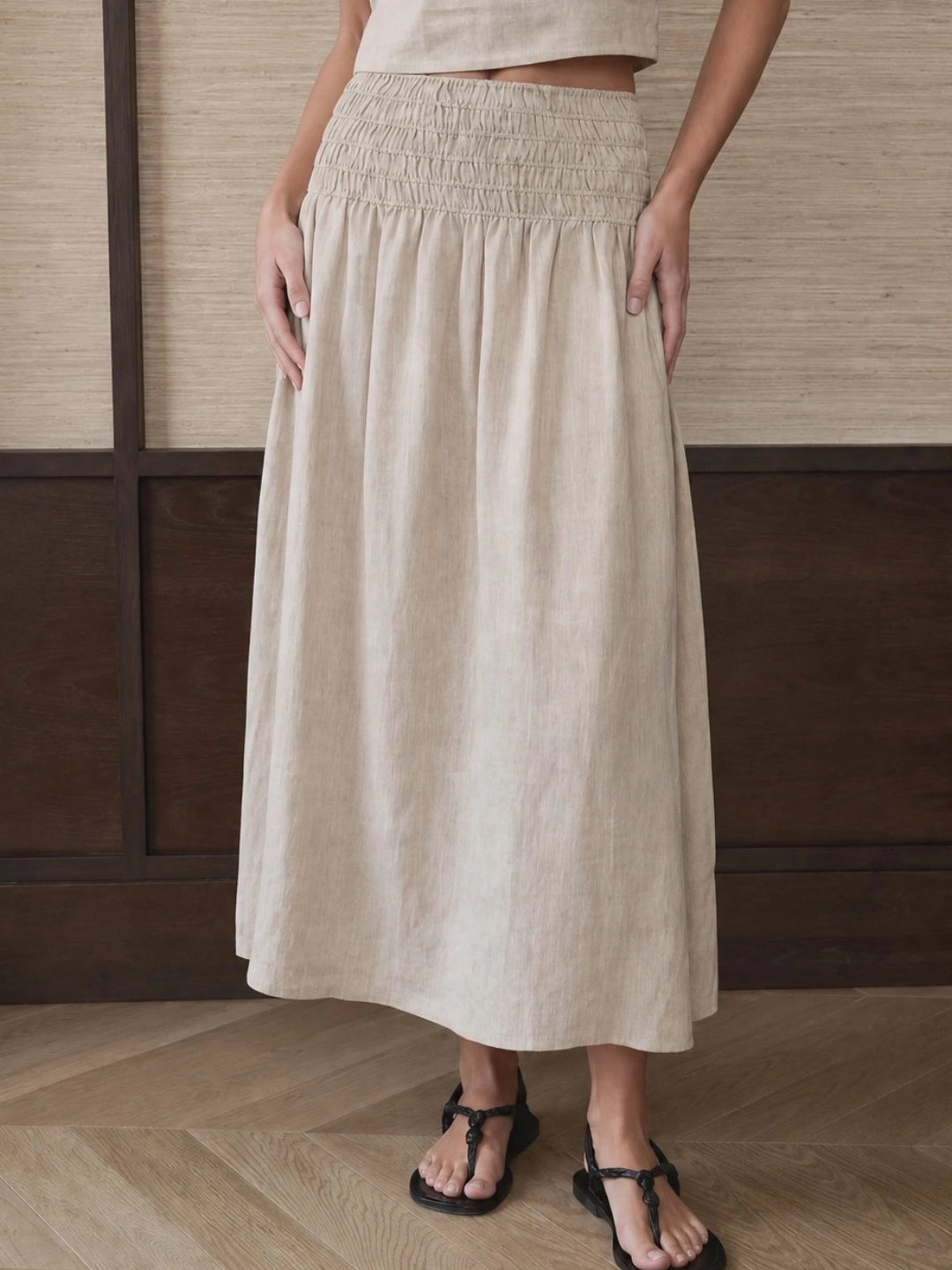 Smocked Waist Linen Midi Skirt