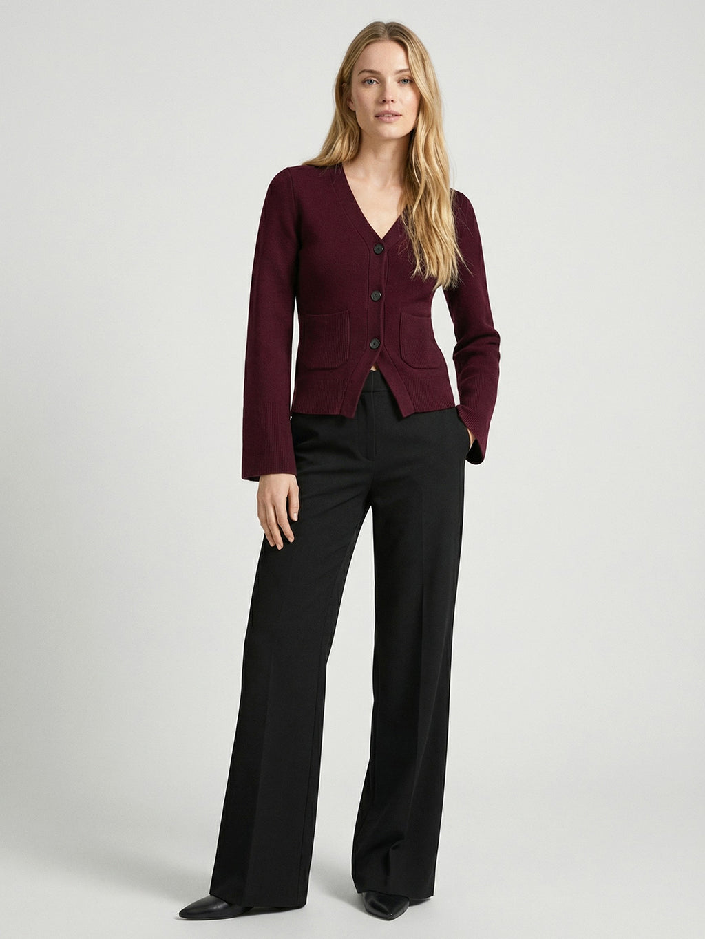 Solid color V-neck pocket cardigan