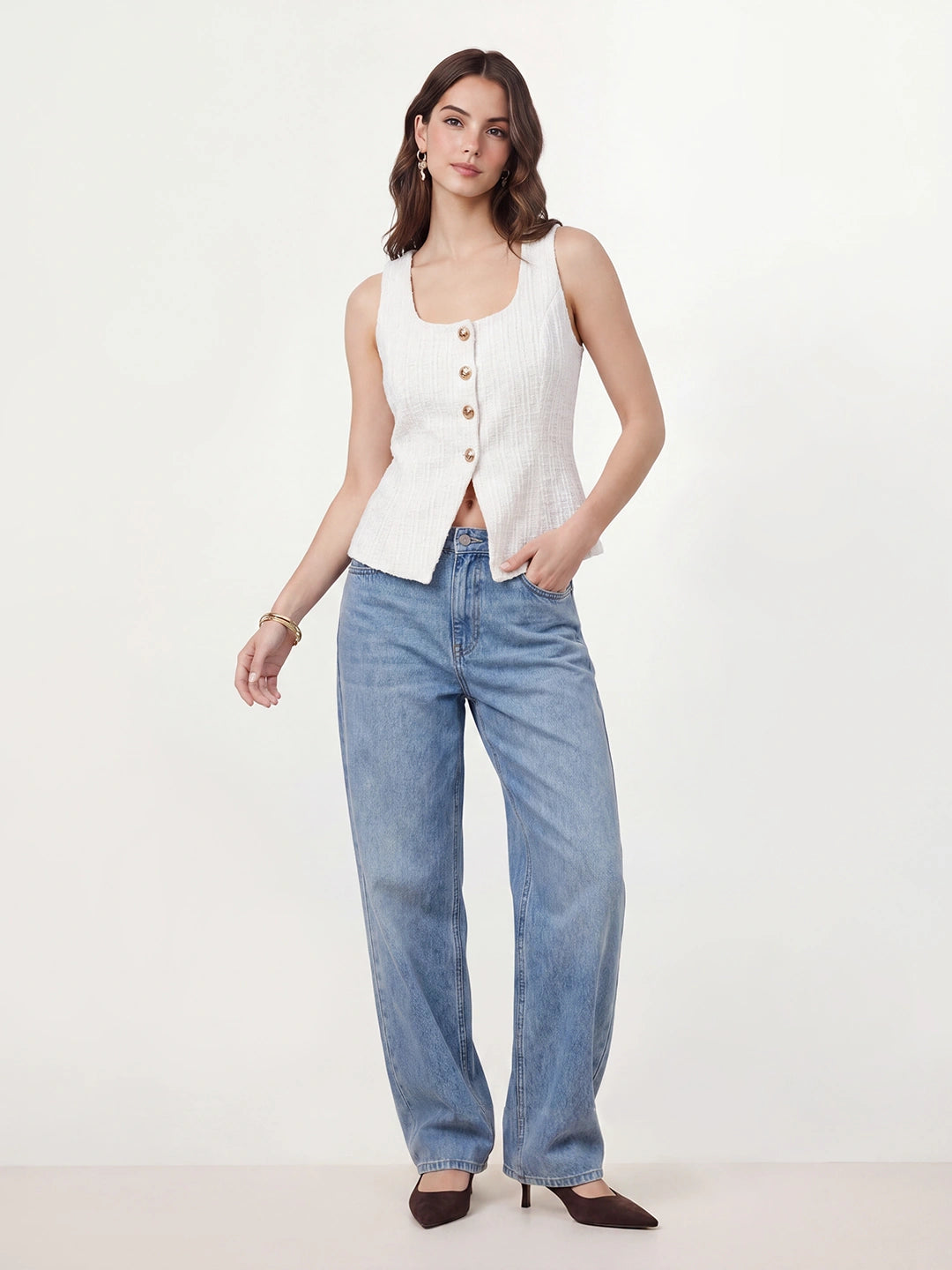 Square Neck Button Slim Vest