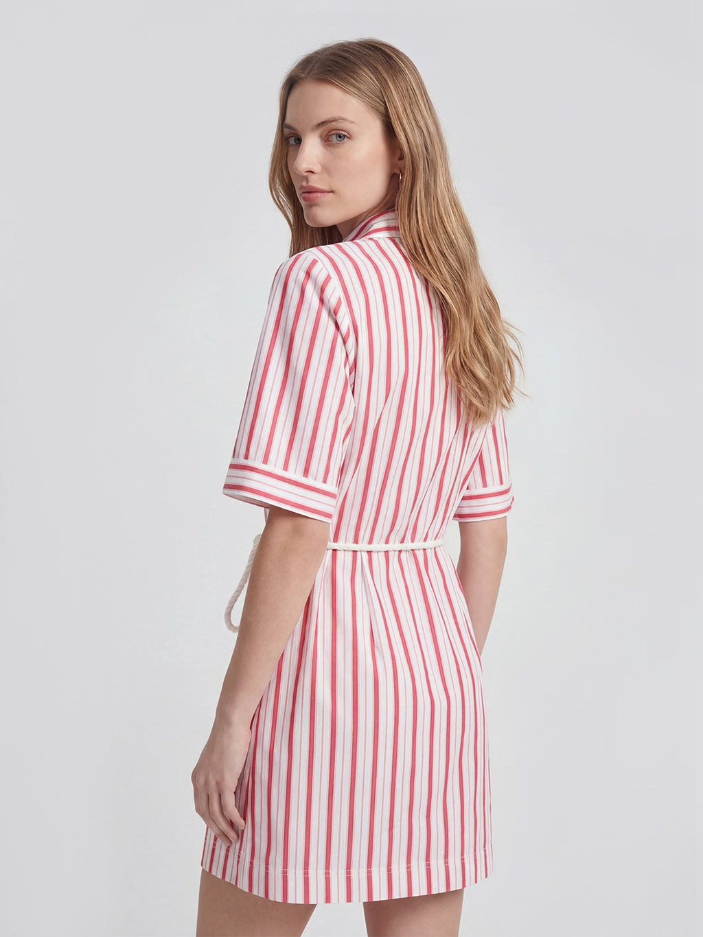 Striped Belt Cotton Shirt Dress