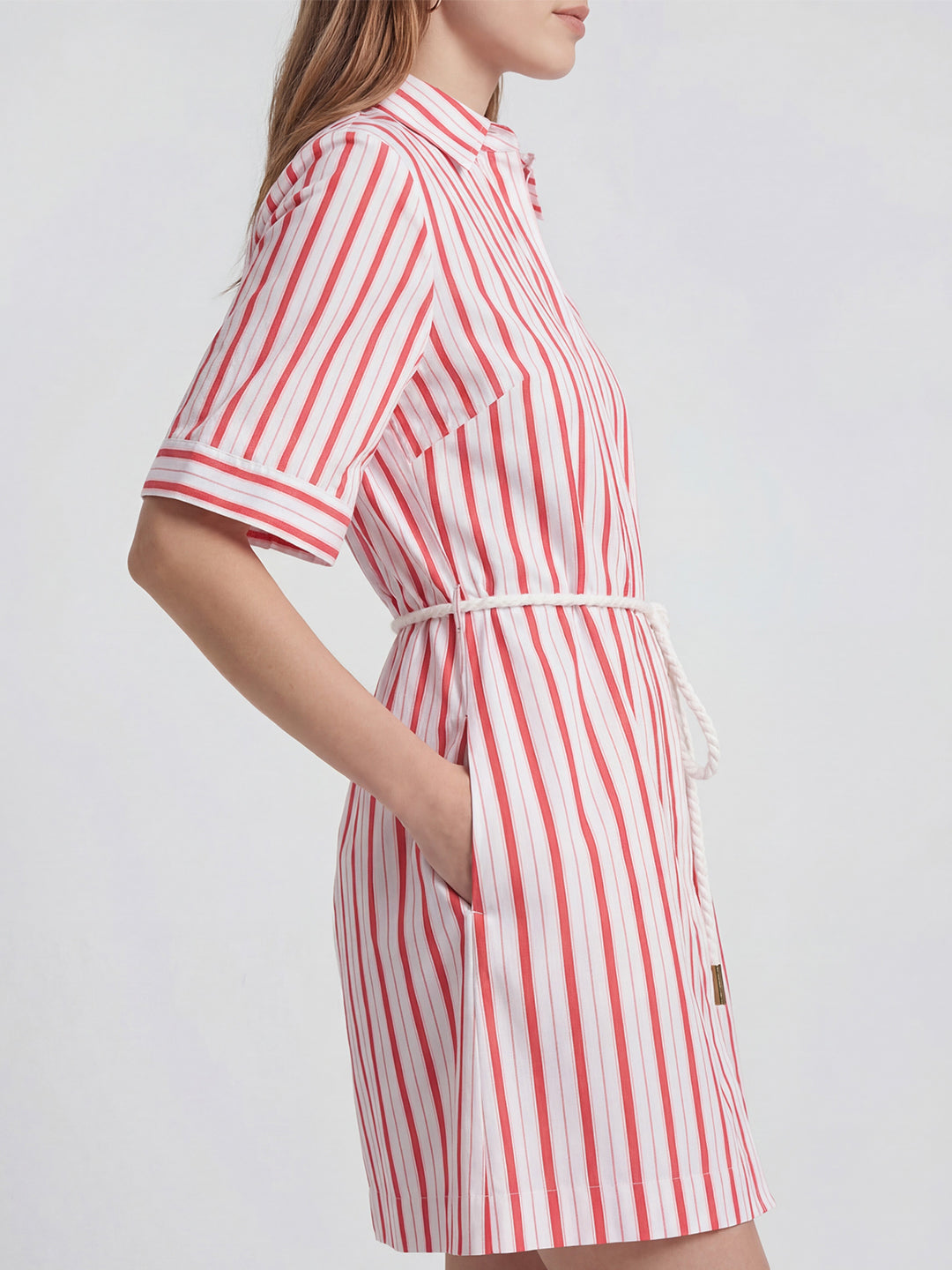 Striped Belt Cotton Shirt Dress
