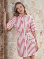 Striped Belt Cotton Shirt Dress