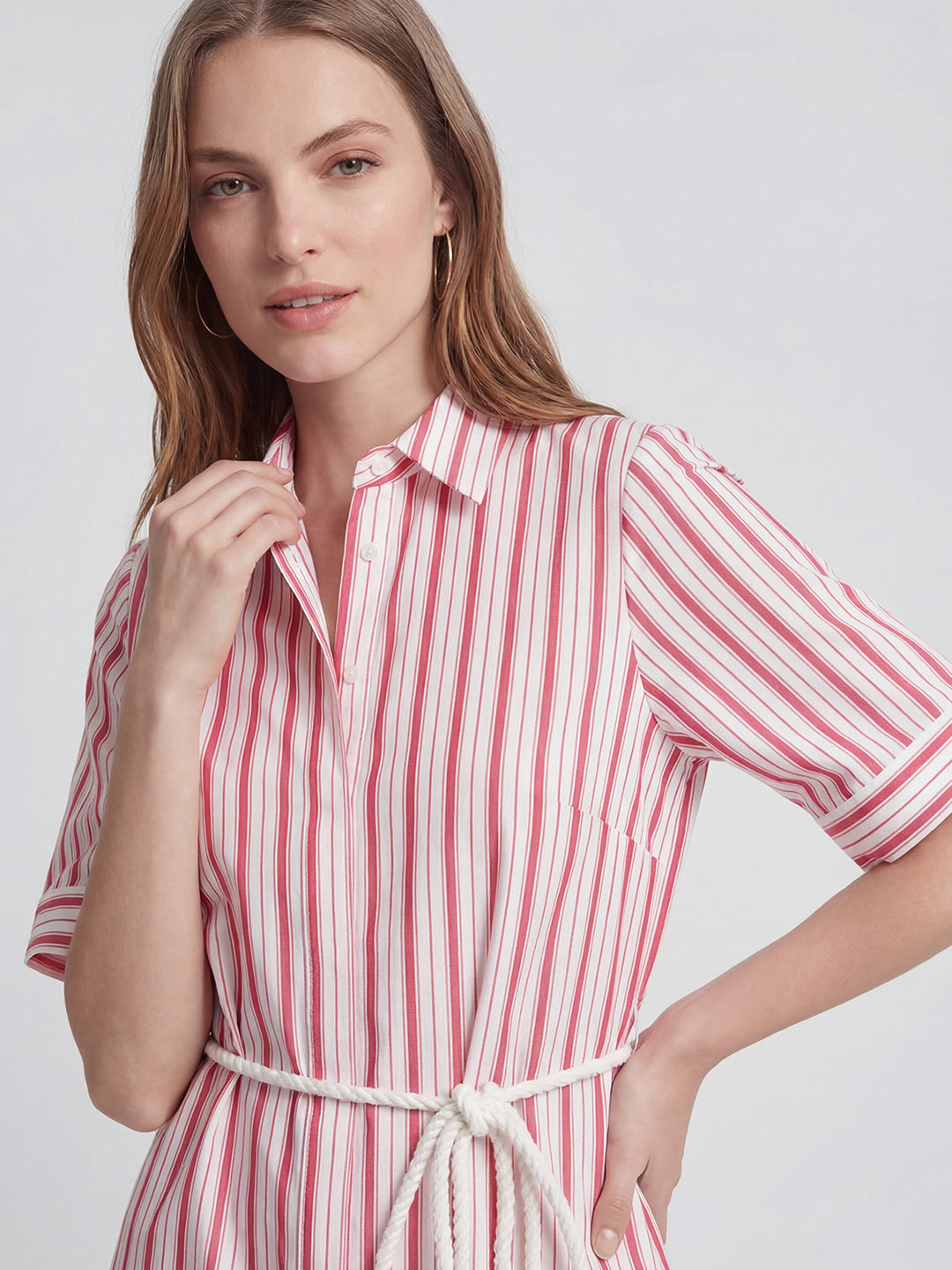 Striped Belt Cotton Shirt Dress