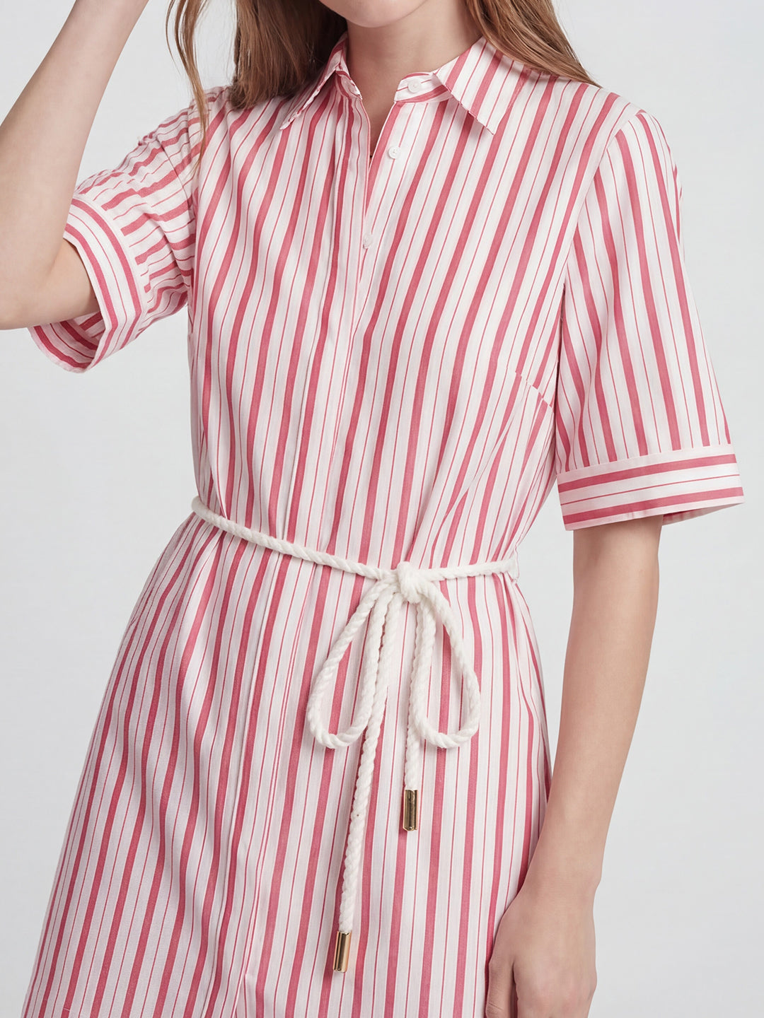 Striped Belt Cotton Shirt Dress