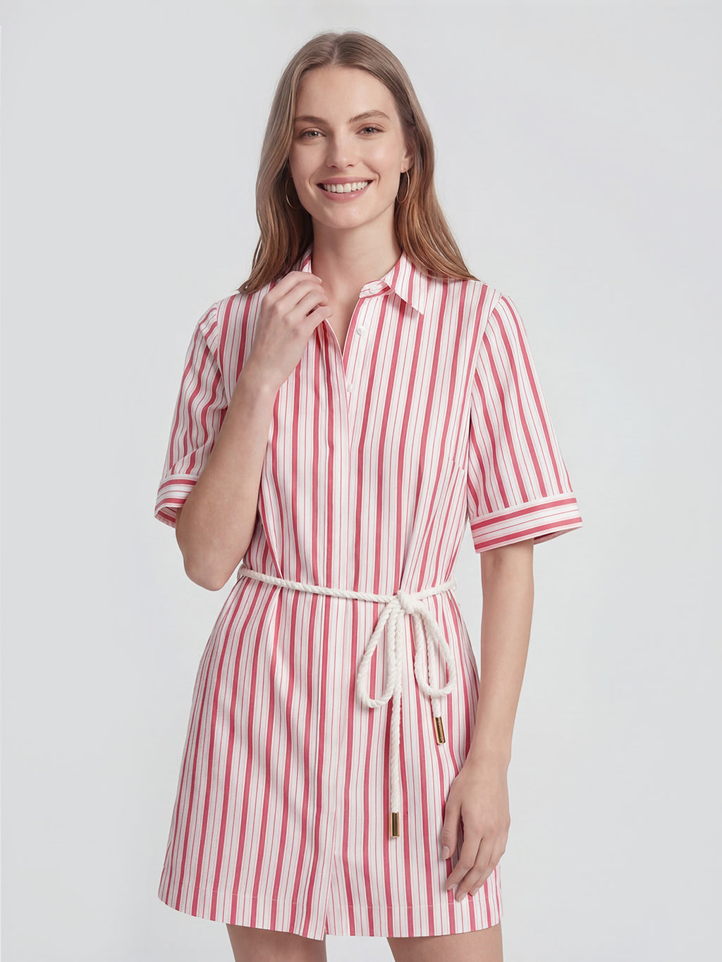 Striped Belt Cotton Shirt Dress