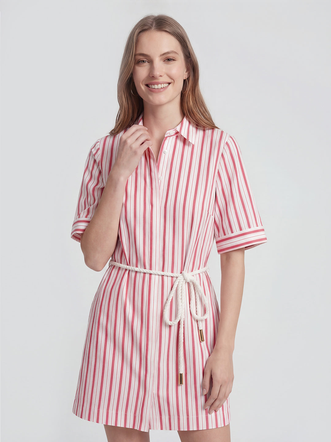 Striped Belt Cotton Shirt Dress