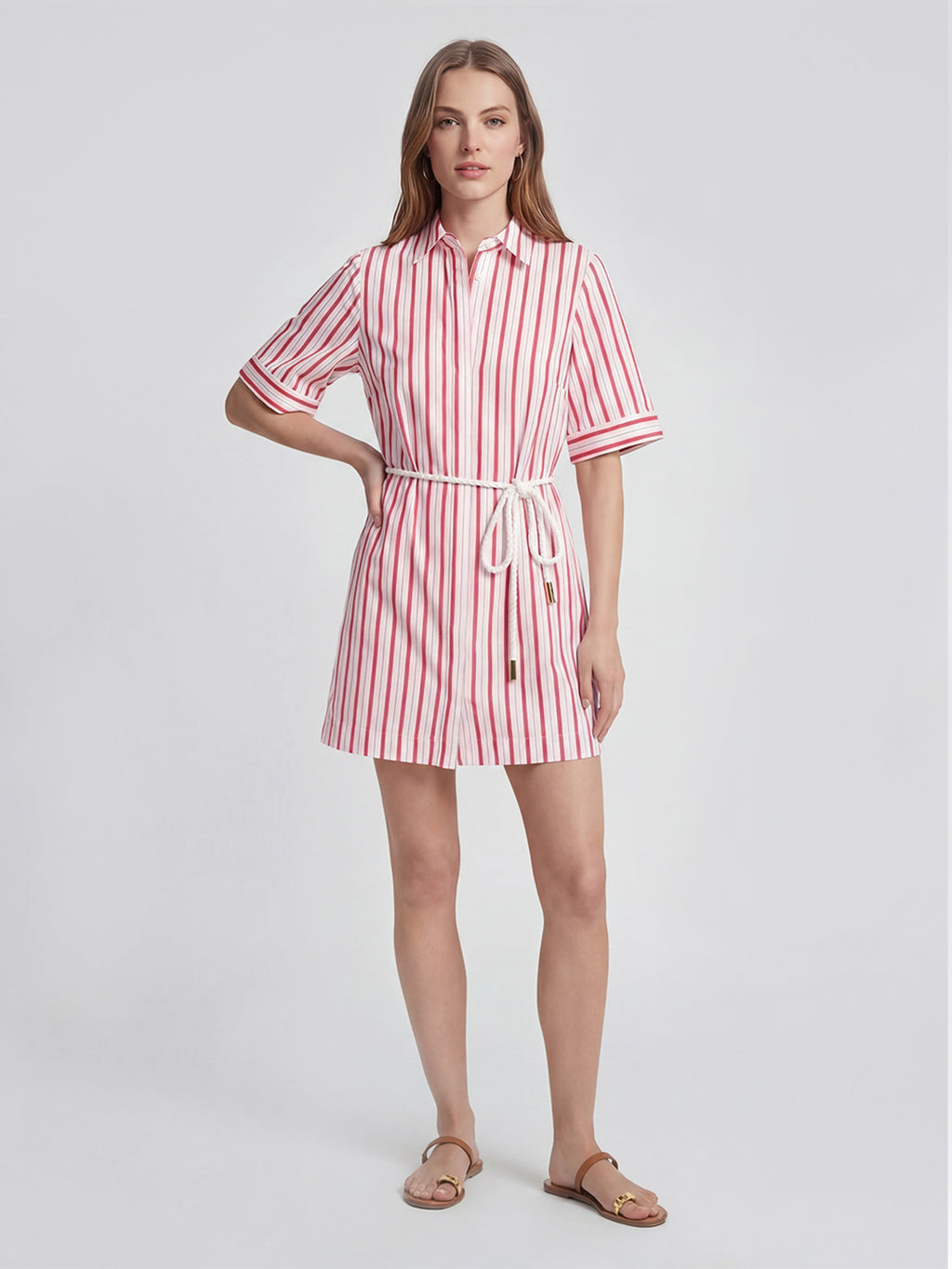 Striped Belt Cotton Shirt Dress