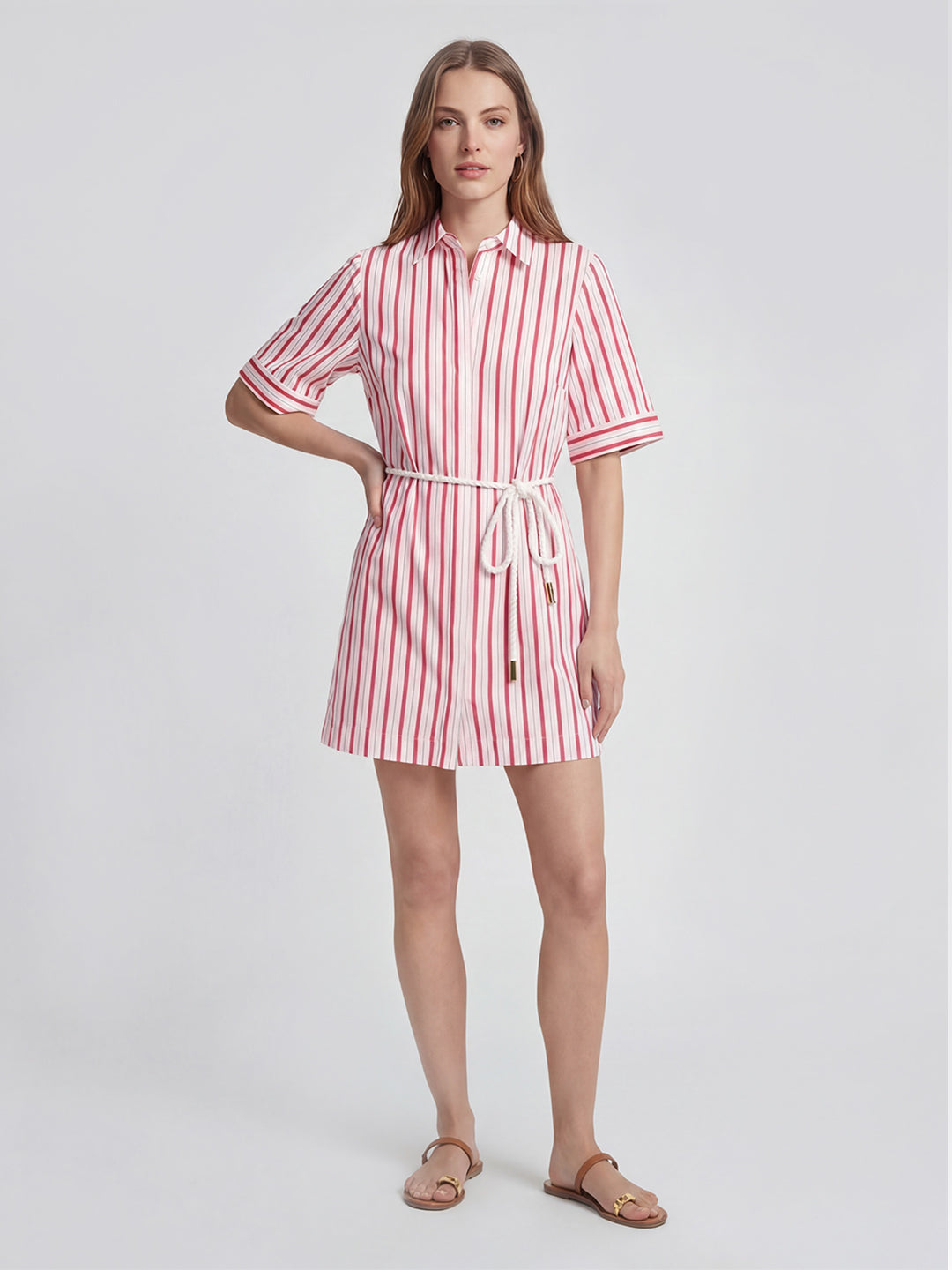 Striped Belt Cotton Shirt Dress