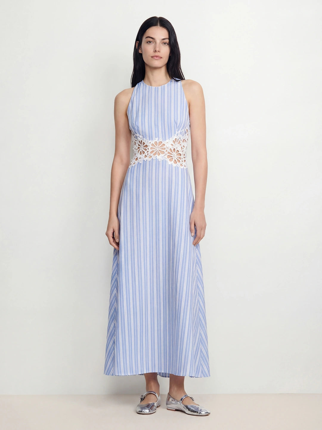 Striped Floral Cutwork Midi Dress
