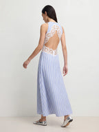 Striped Floral Cutwork Midi Dress