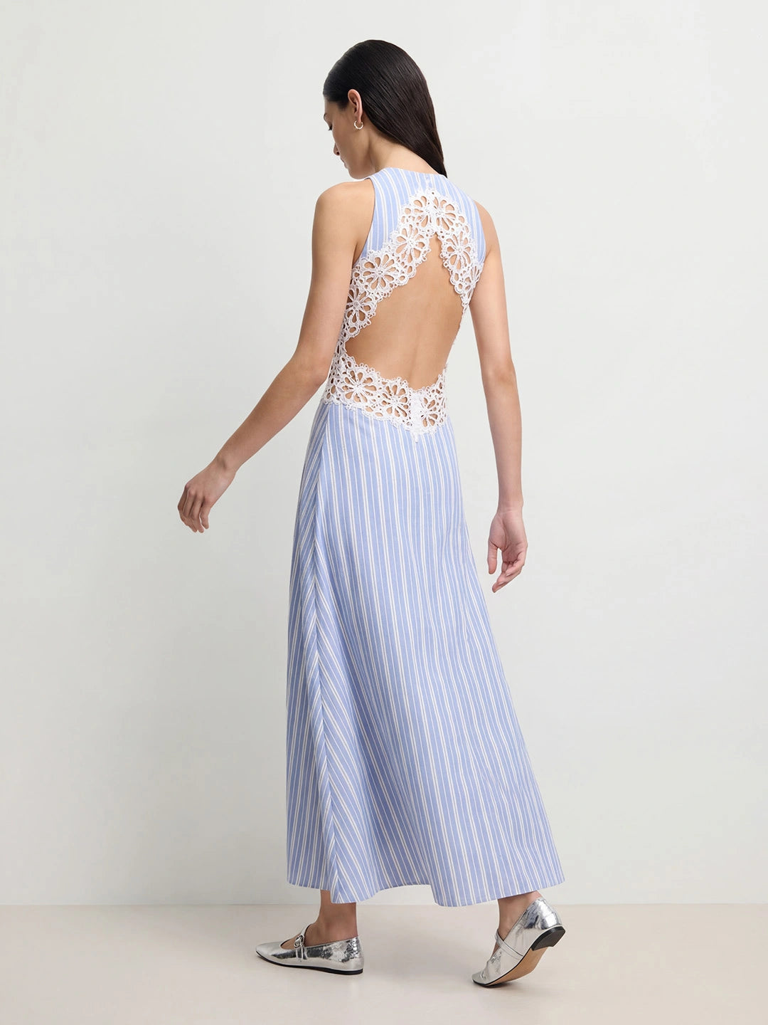 Striped Floral Cutwork Midi Dress