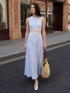 Striped Floral Cutwork Midi Dress