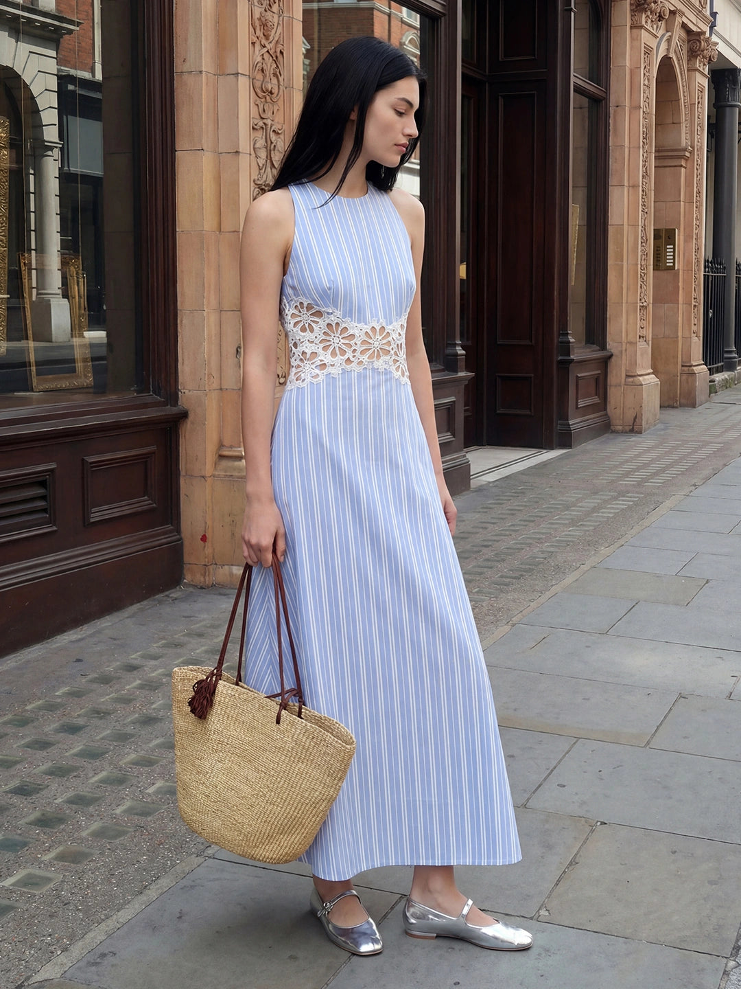 Striped Floral Cutwork Midi Dress