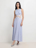 Striped Floral Cutwork Midi Dress
