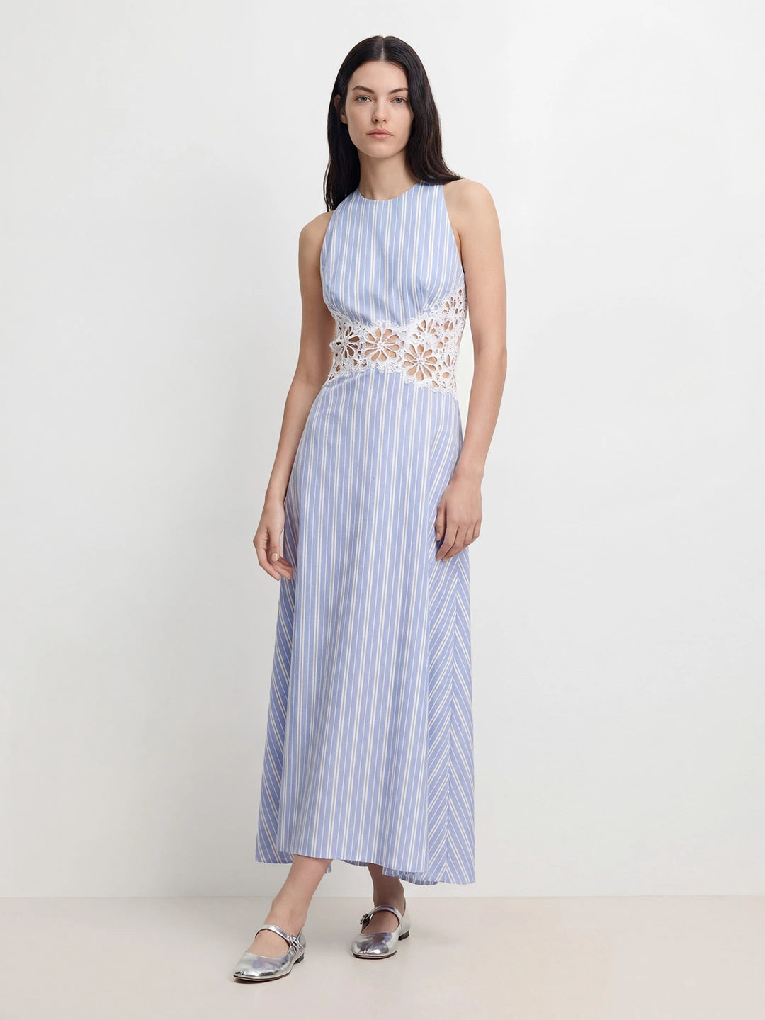 Striped Floral Cutwork Midi Dress