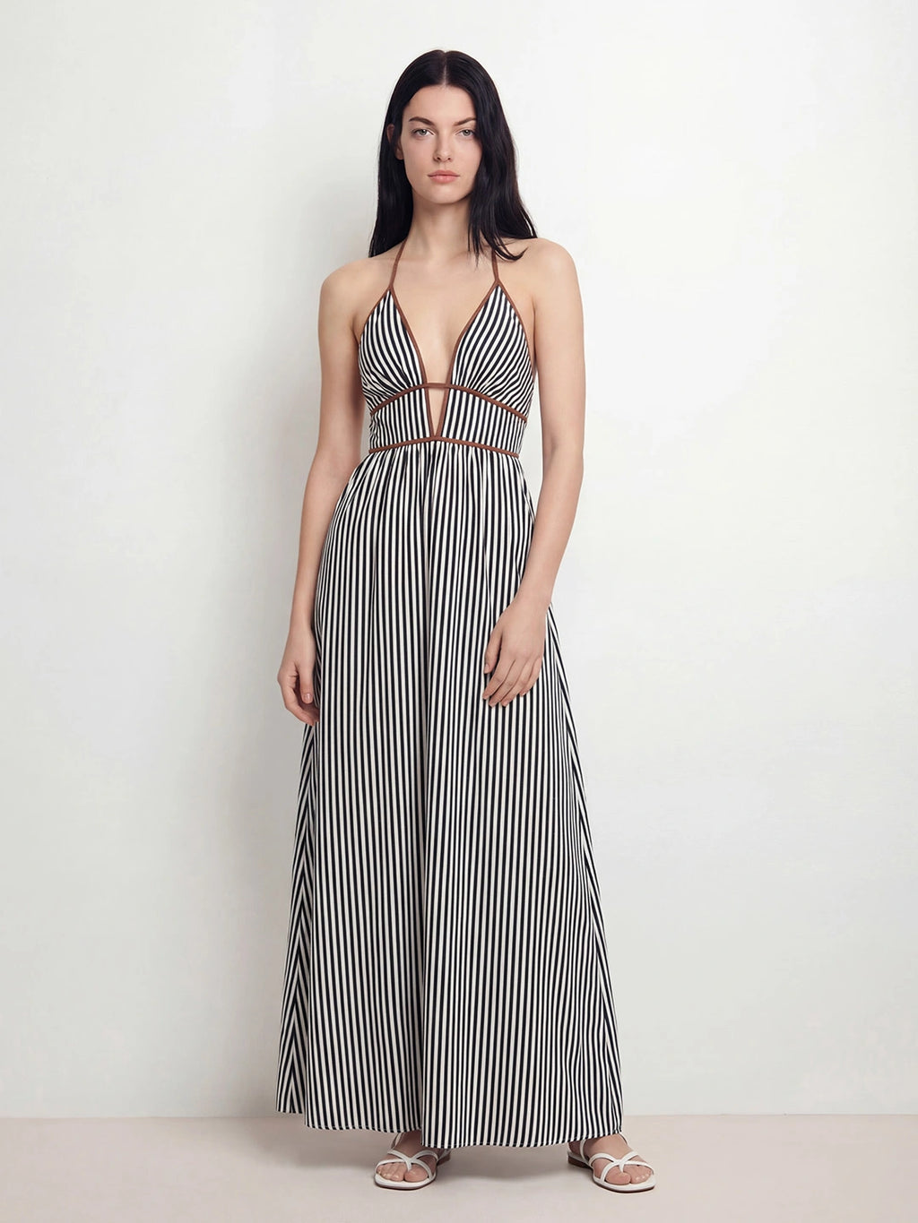 Striped Plunging V-Neck Maxi Dress