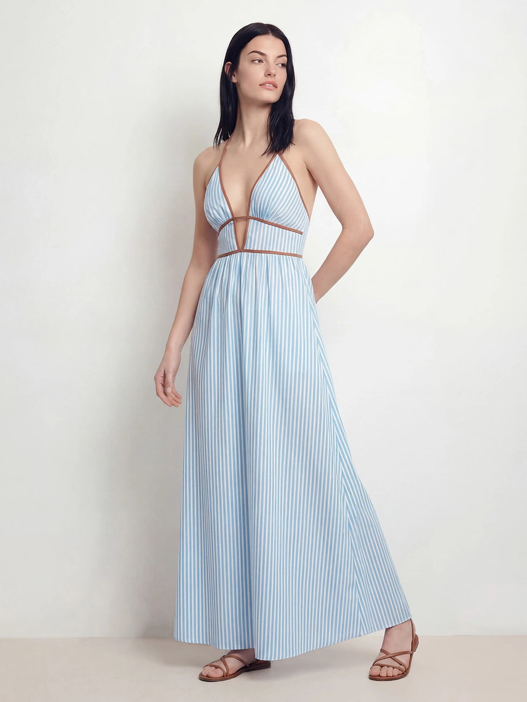 Striped Plunging V-Neck Maxi Dress