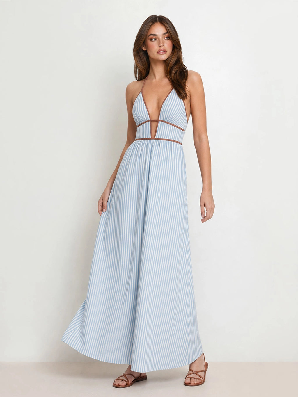 Striped Plunging V-Neck Maxi Dress