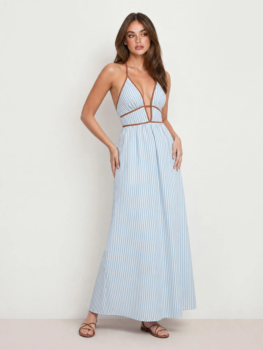 Striped Plunging V-Neck Maxi Dress