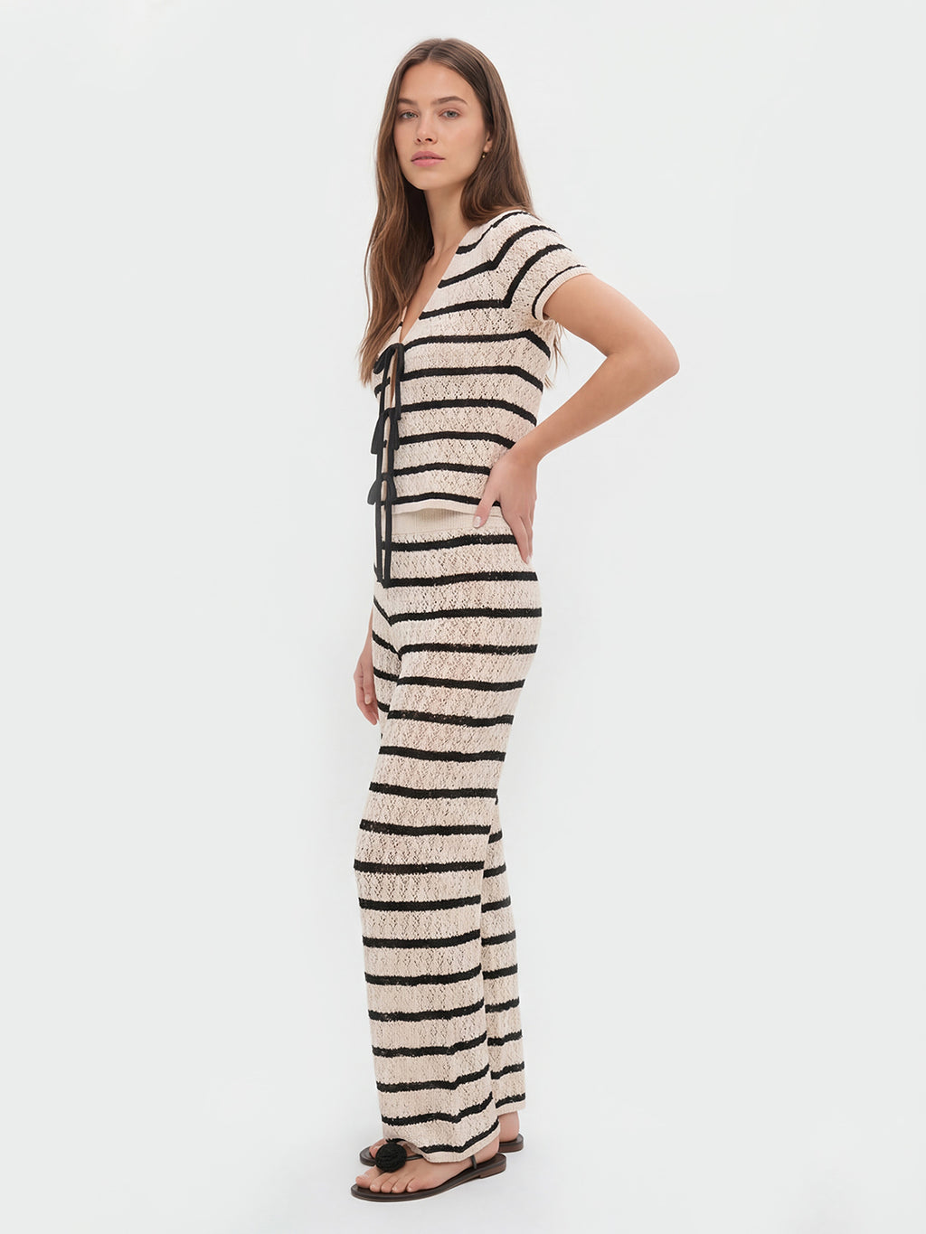 Striped openwork knit trouser sets