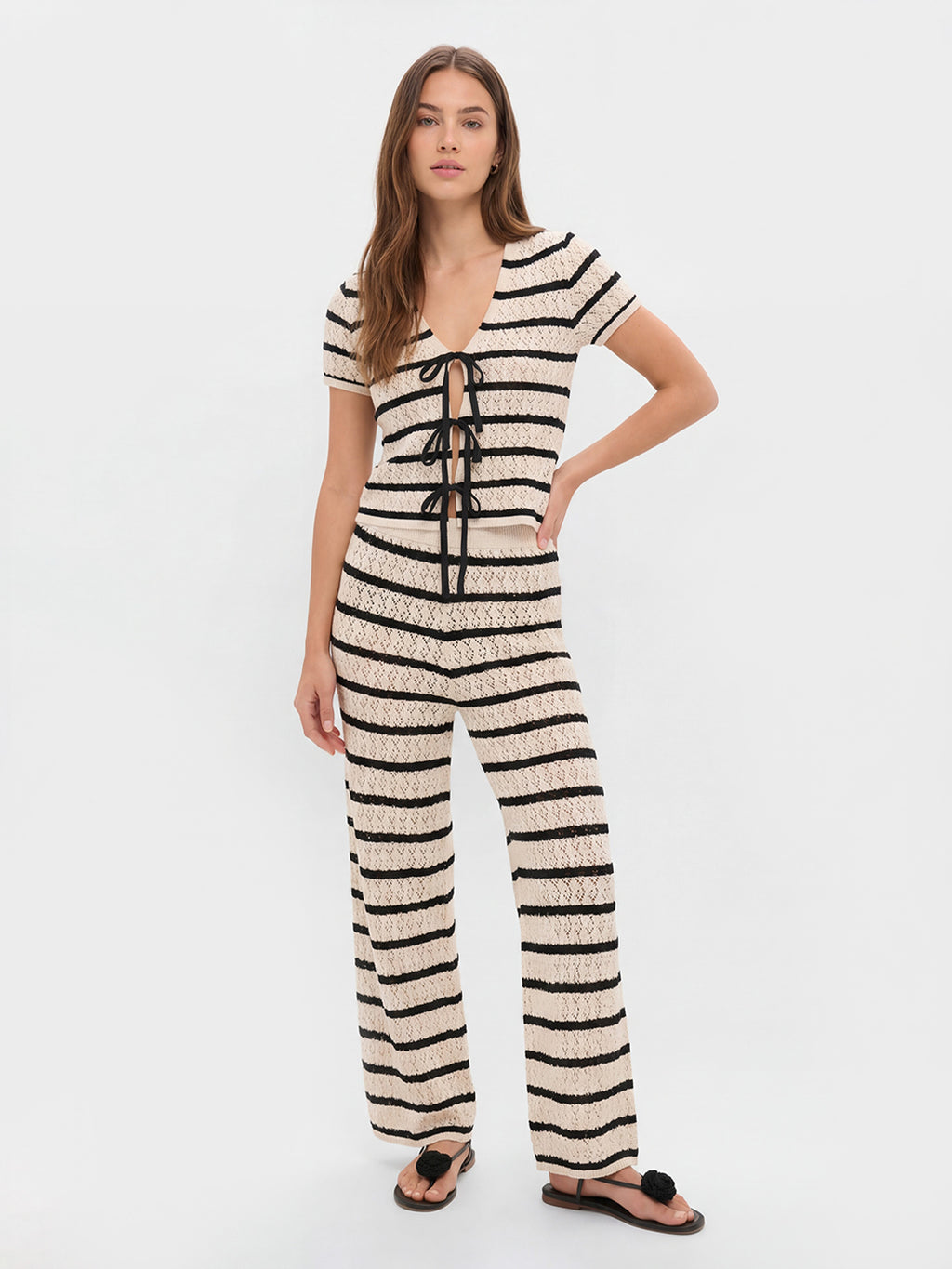 Striped openwork knit trouser sets