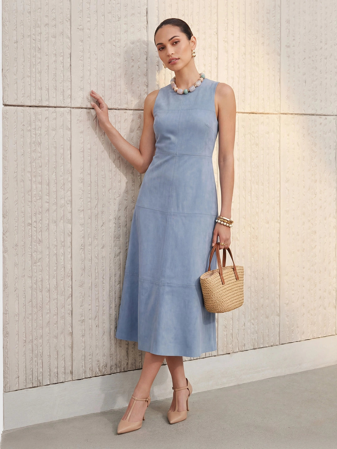 Suede Sleeveless A-Line Midi Dress